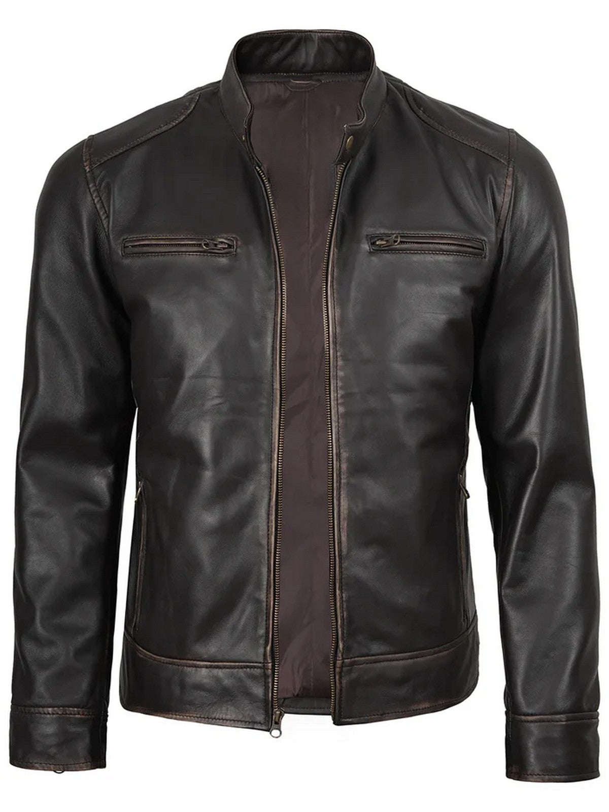 Side angle of men’s dark brown leather jacket with zipper closure and premium detailing.