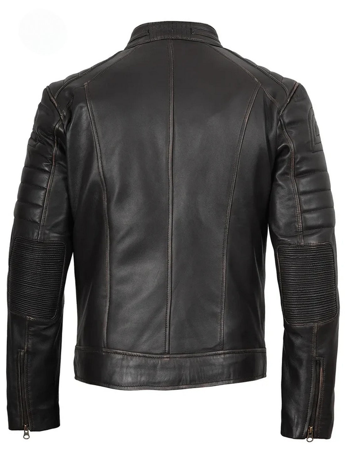Men’s dark brown café racer leather jacket front view with zipper and stand collar, Livra Jackets.