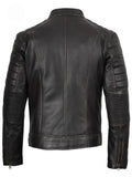  Back view of men’s dark brown café racer leather jacket with slim fit and durable stitching.