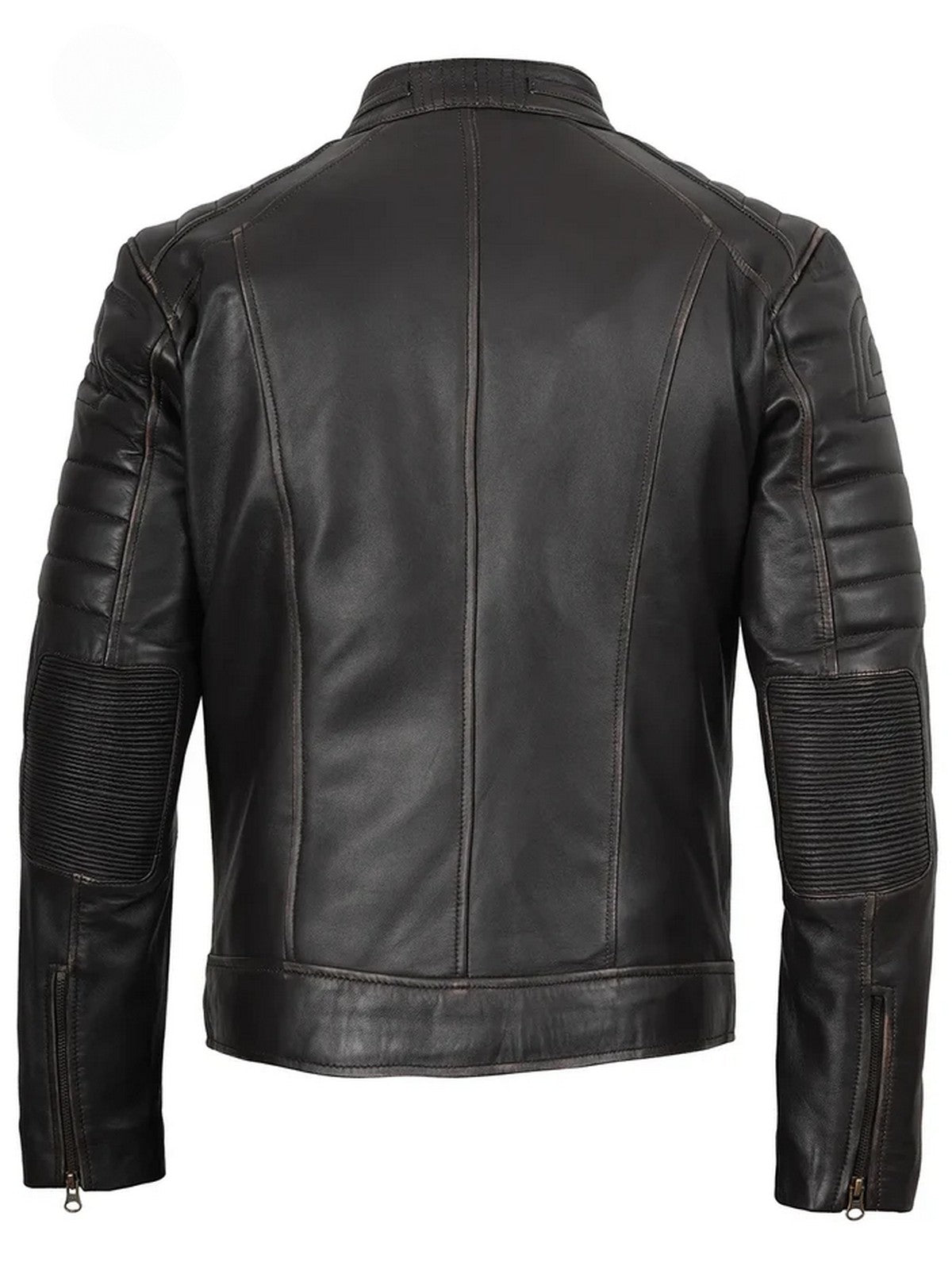  Back view of men’s dark brown café racer leather jacket with slim fit and durable stitching.