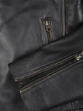 Close-up of zipper and stitching details on men’s dark brown café racer leather jacket by Livra Jackets.