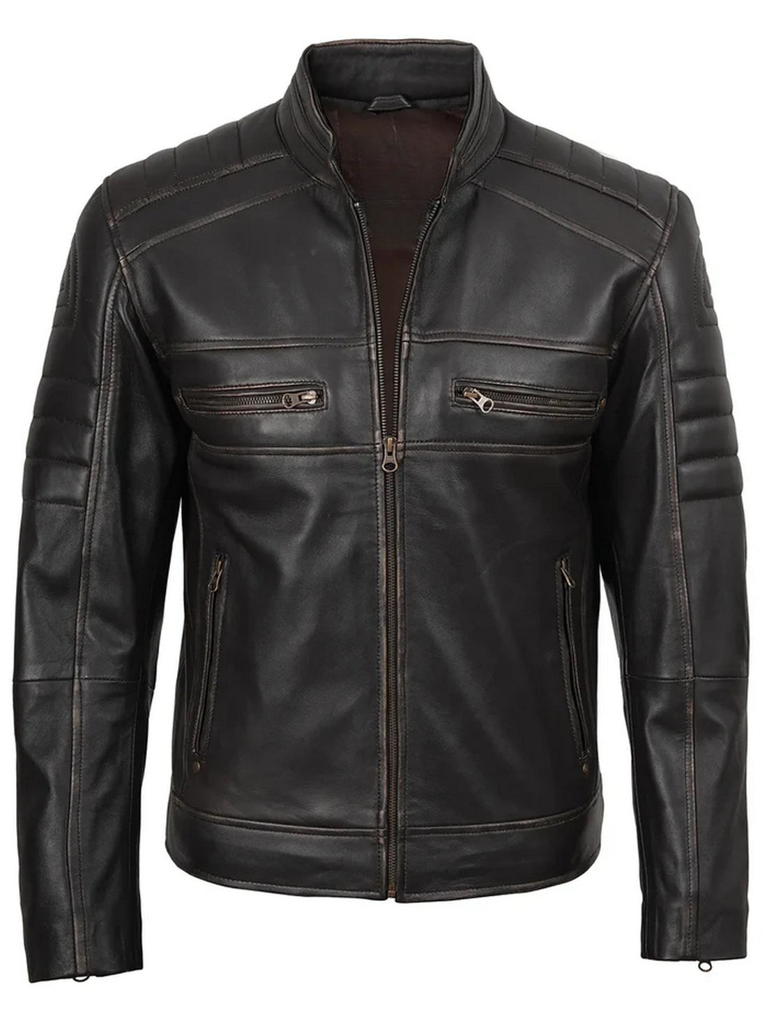 Men’s dark brown café racer leather jacket front view with zipper and stand collar, Livra Jackets.