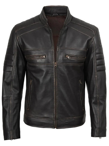Men’s dark brown café racer leather jacket front view with zipper and stand collar, Livra Jackets.
