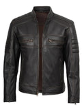 Men’s dark brown café racer leather jacket open style showing interior lining.