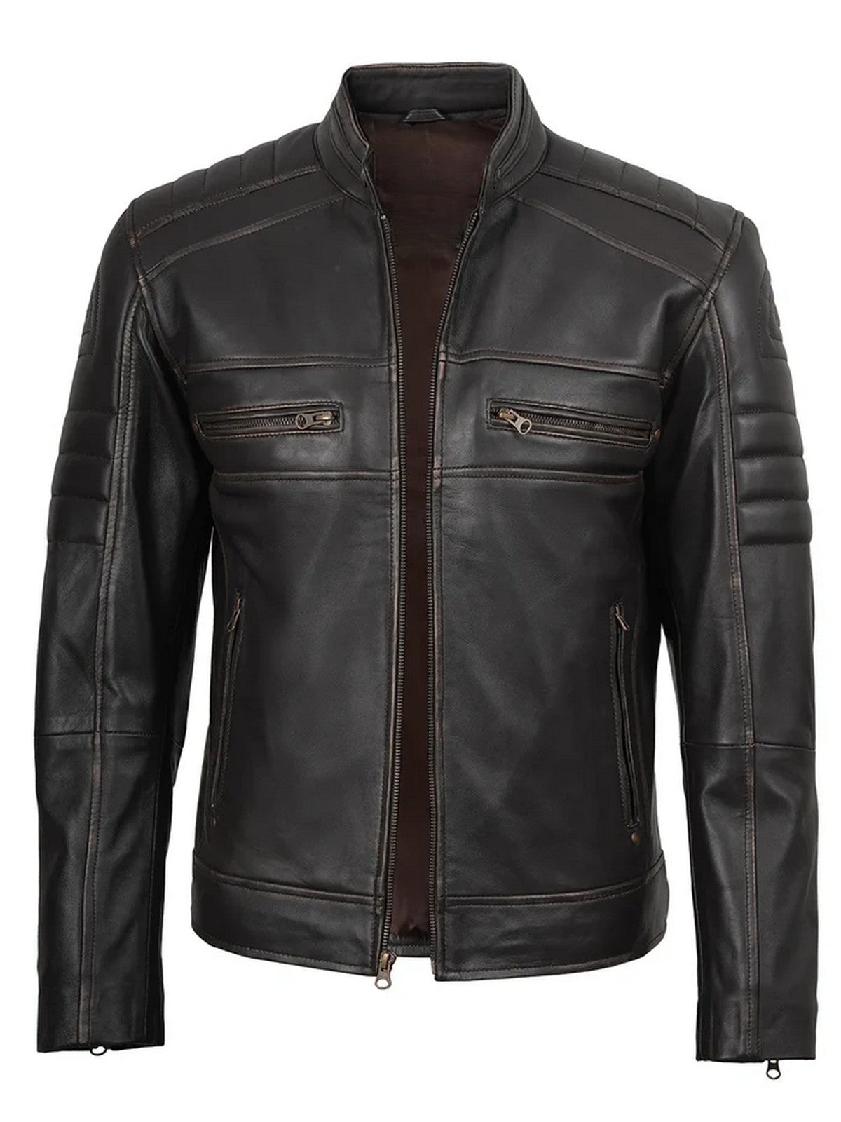 Men’s dark brown café racer leather jacket open style showing interior lining.