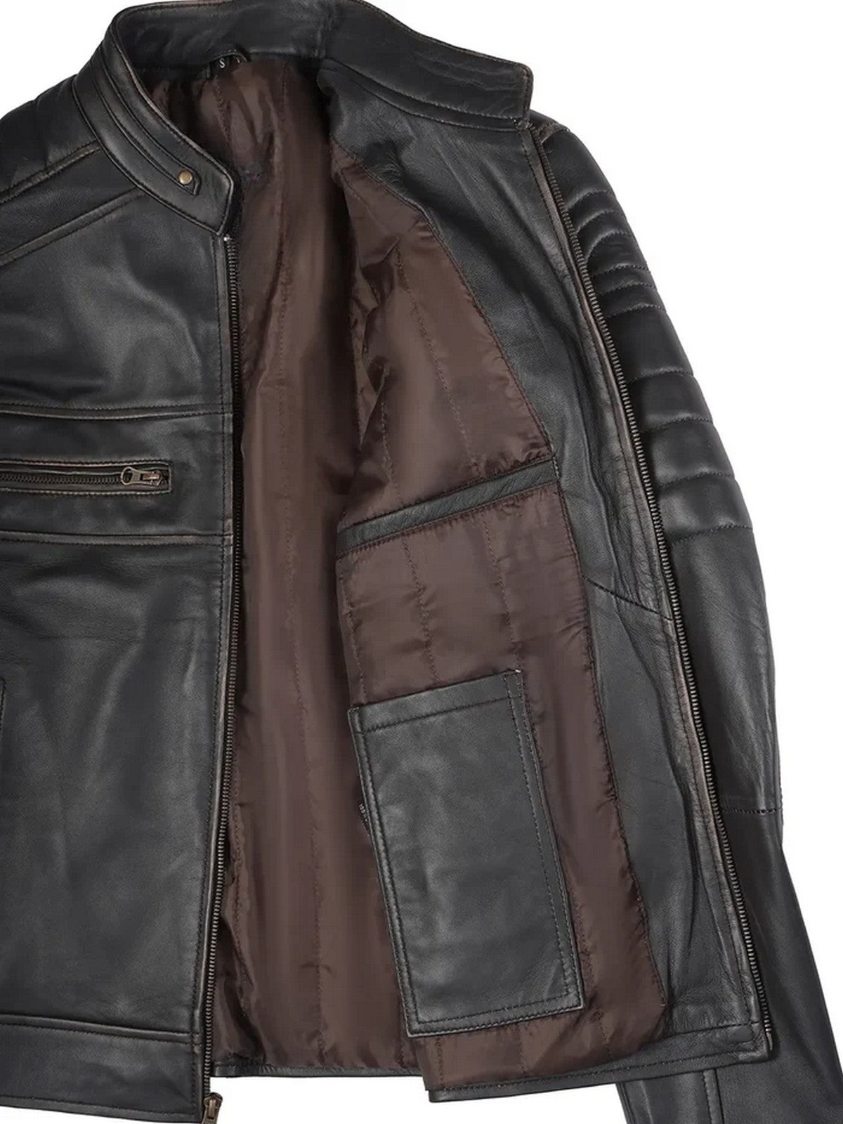  Side angle of men’s dark brown café racer leather jacket with modern slim fit design.