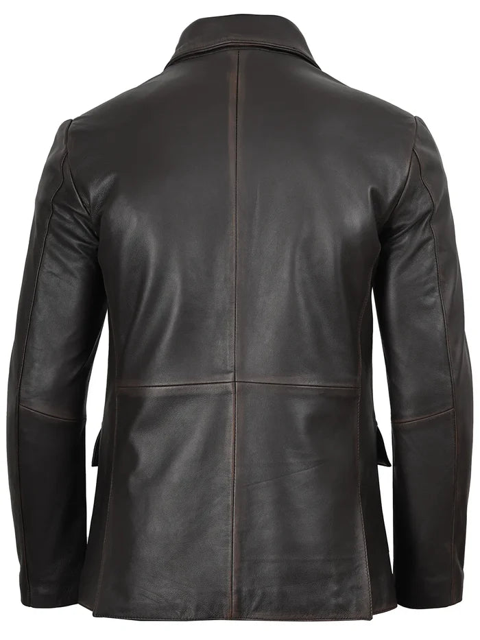 Men’s dark brown rub-off leather blazer front view