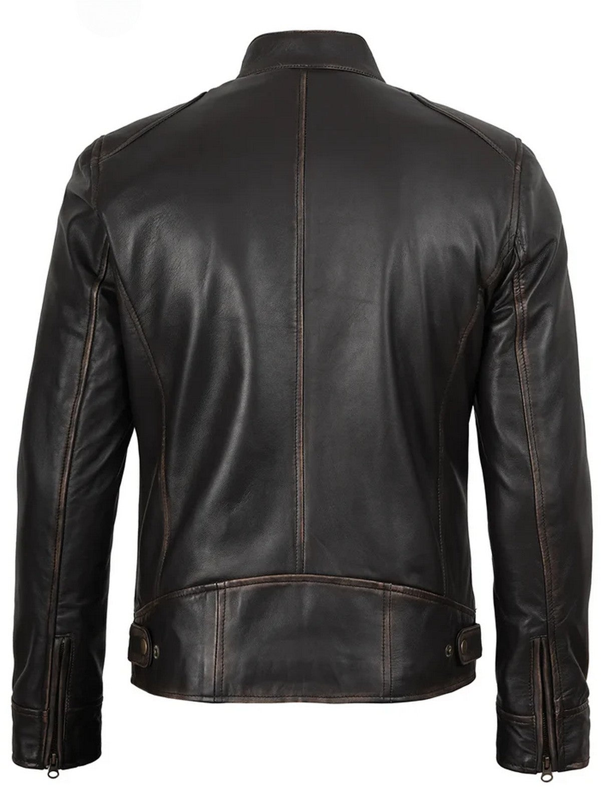 : Back view of men’s dark brown leather jacket with classic moto slim fit design.