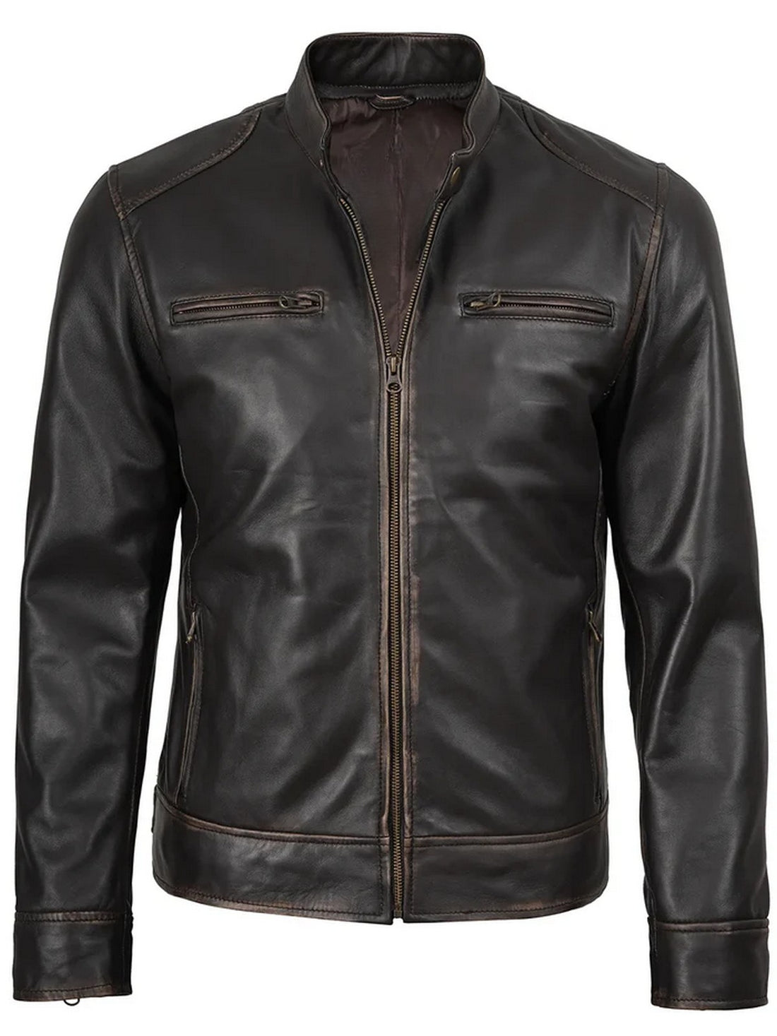 Men’s dark brown leather jacket front view with slim-fit moto style – Livra Jackets.