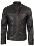 Men’s dark brown leather jacket front view with slim-fit moto style – Livra Jackets.