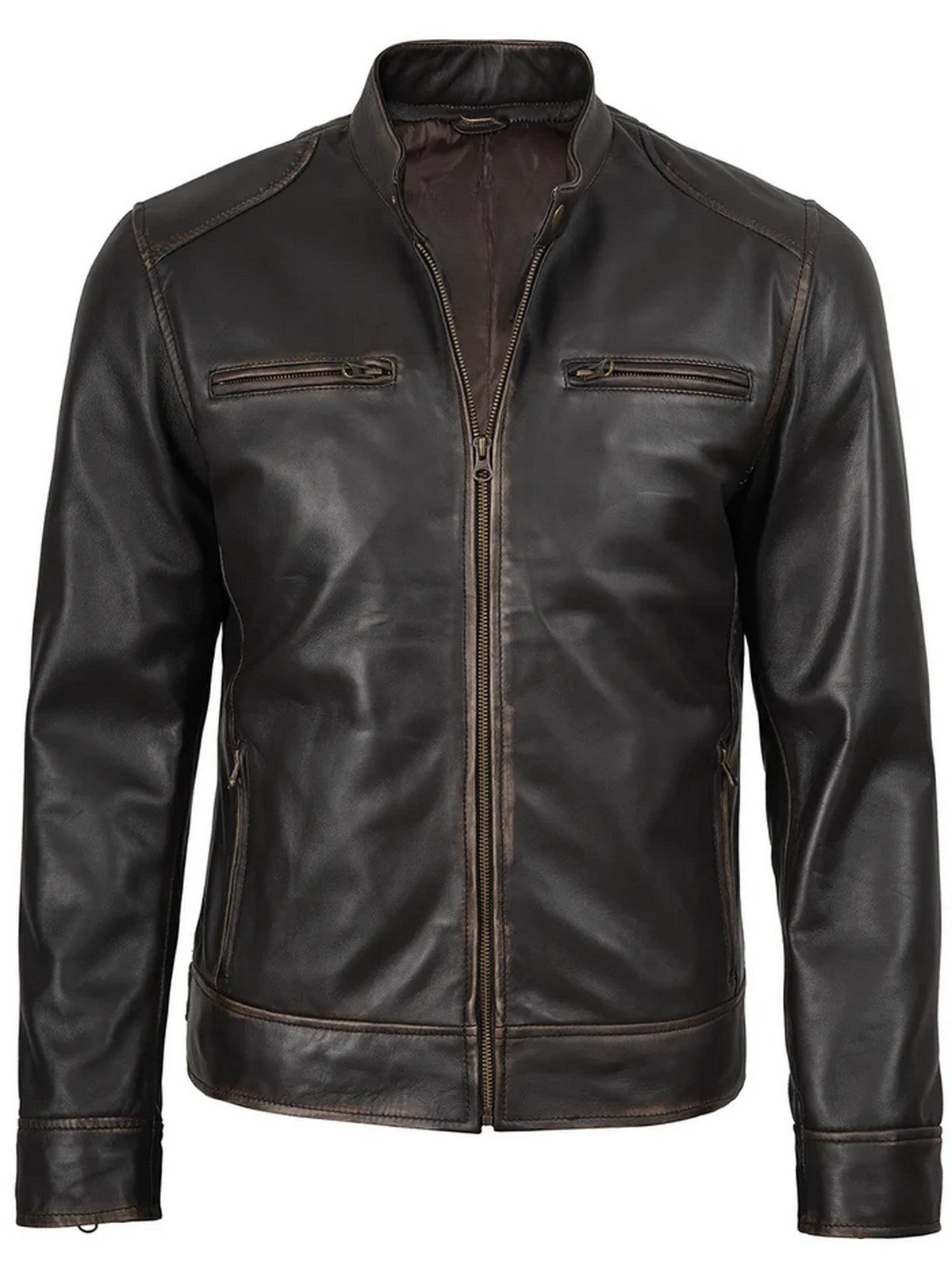 Men’s dark brown leather jacket front view with slim-fit moto style – Livra Jackets.