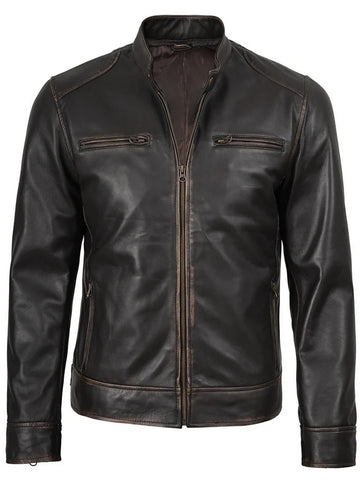 Men’s dark brown leather jacket front view with slim-fit moto style – Livra Jackets.