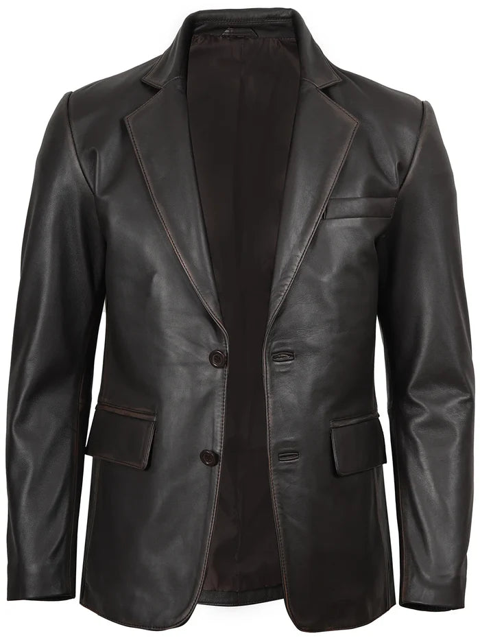 Men’s dark brown rub-off leather blazer front view