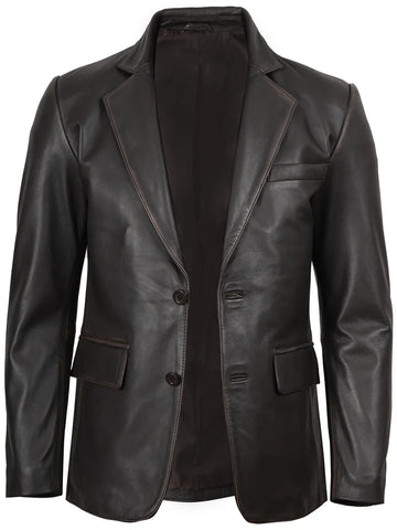 Men’s dark brown rub-off leather blazer front view