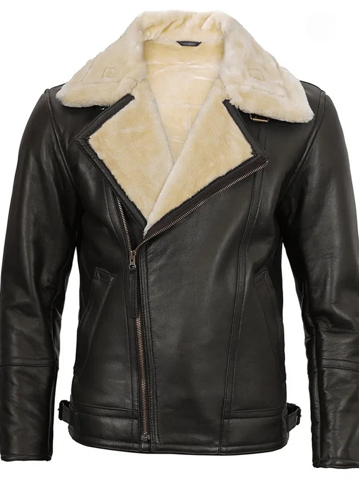 Close-up of zipper and shearling collar detail on men’s dark brown leather jacket by Livra Jackets.