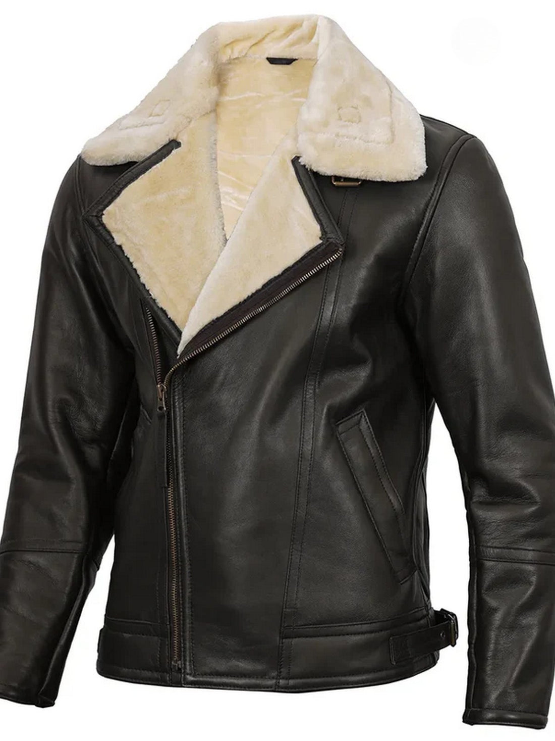 Men’s dark brown shearling leather jacket front view with fur collar and zipper closure – Livra Jackets.