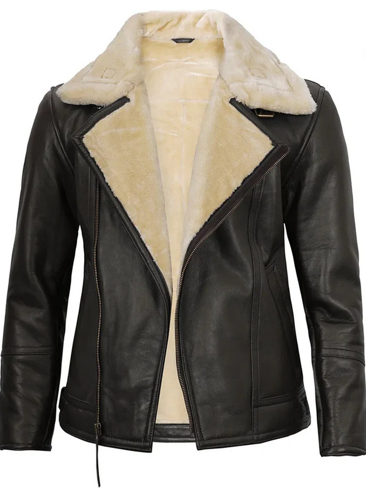 Men’s dark brown shearling leather jacket open-front view showing soft fur lining – Livra Jackets.