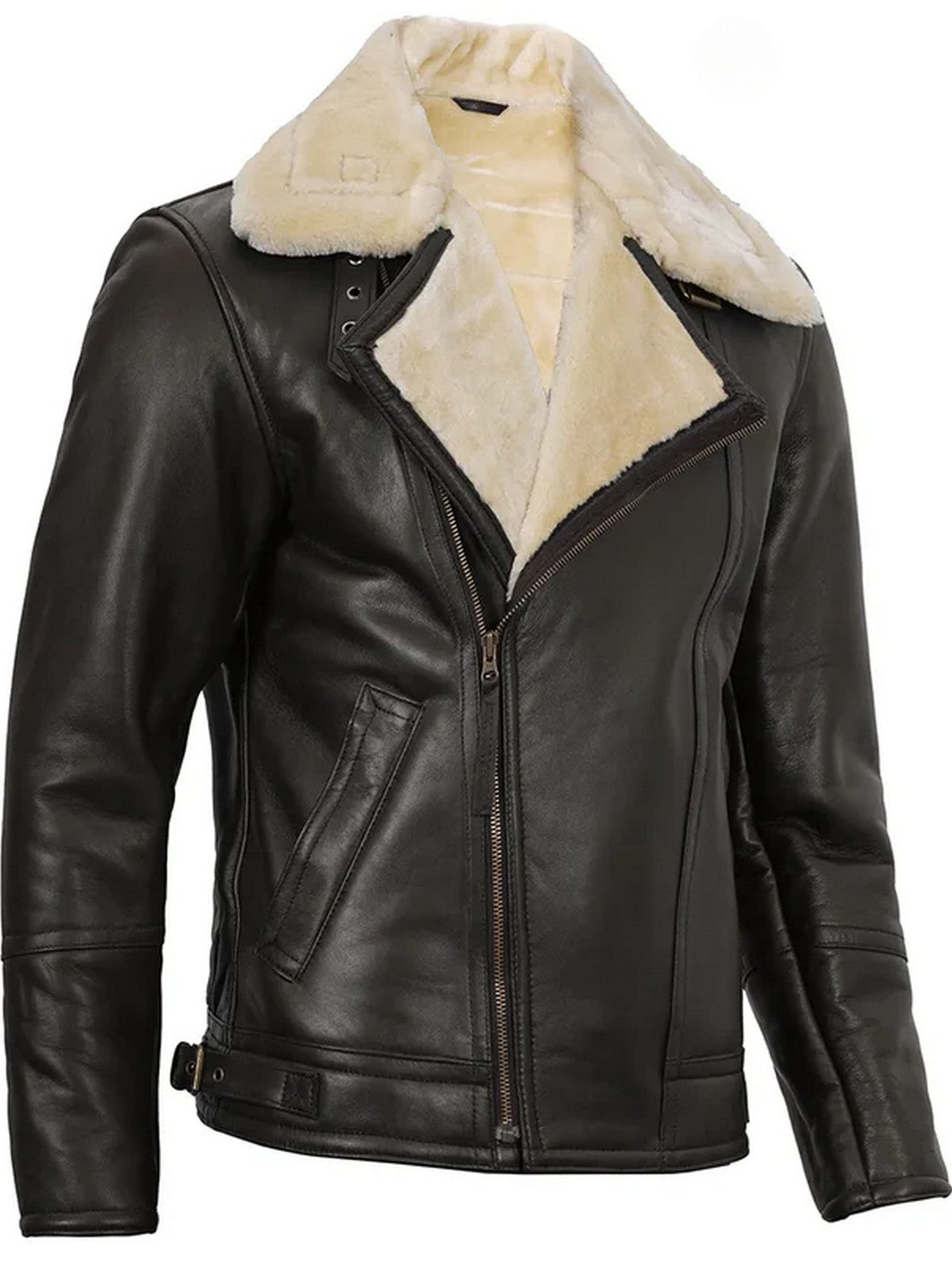 Side angle of men’s dark brown shearling leather jacket with fur lining and pocket design.