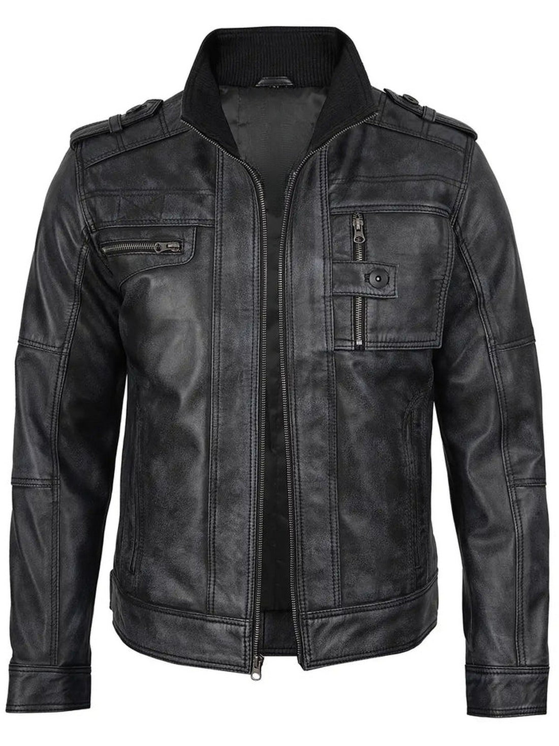 Men’s Distressed Black Leather Jacket Front View