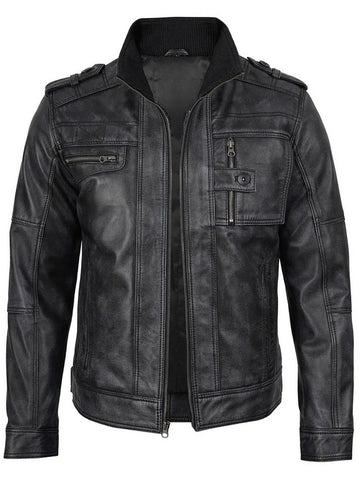 Men’s Distressed Black Leather Jacket Front View