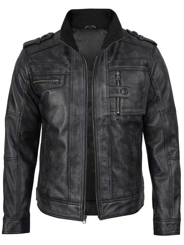 Men’s Distressed Black Leather Jacket – Slim Fit Motorcycle Style | Livra – Genuine Leather Jacket | Livra Jackets