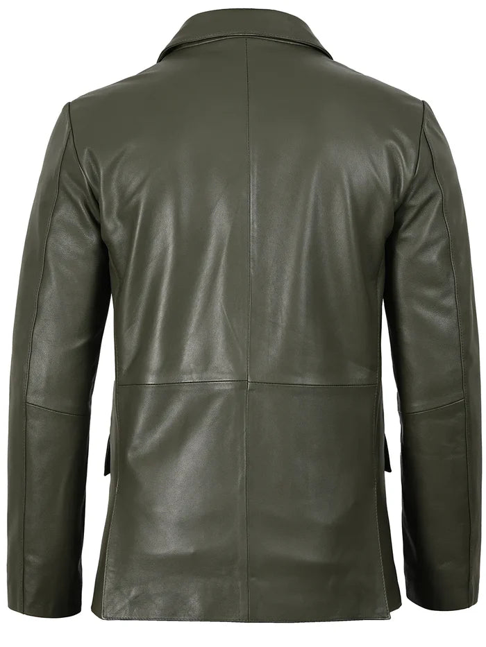 Men’s Green Leather Blazer front view – slim fit, two-button closure