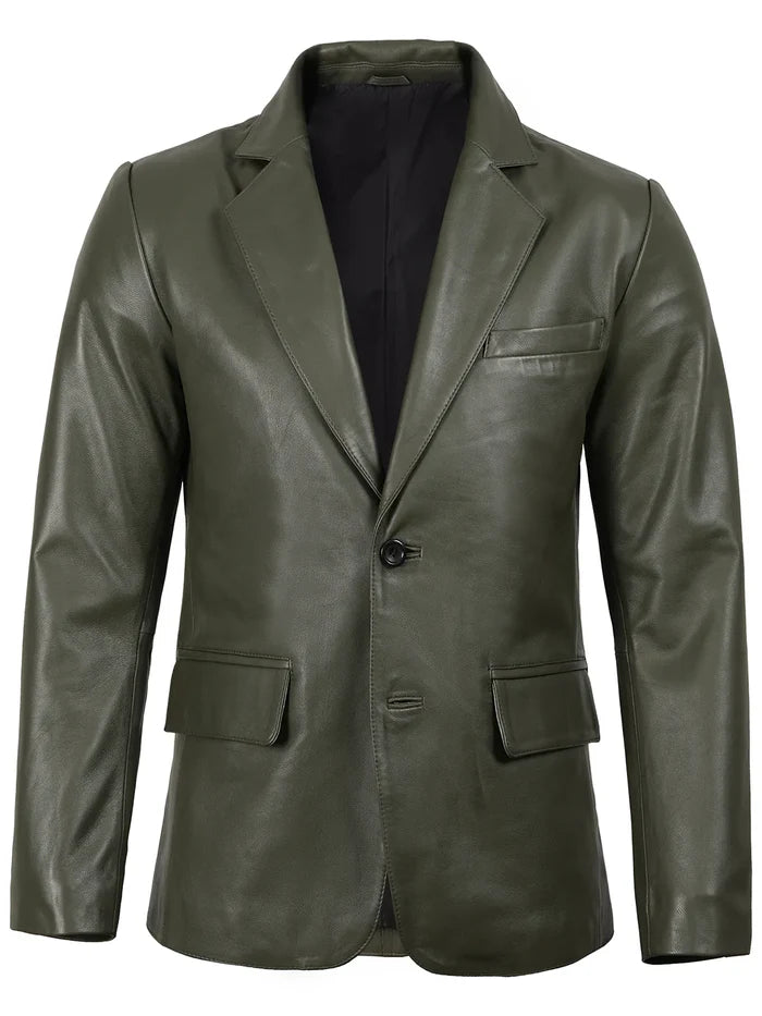 Men’s Green Leather Blazer front closed – notch lapel style