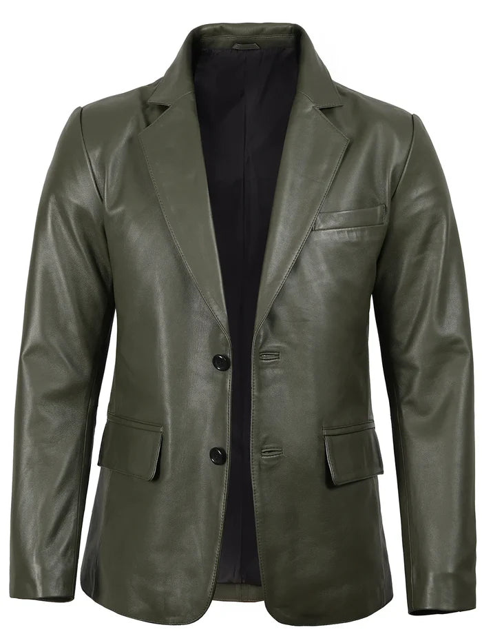 Men’s Green Leather Blazer front view – slim fit, two-button closure