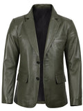 Men’s Green Leather Blazer front view – slim fit, two-button closure