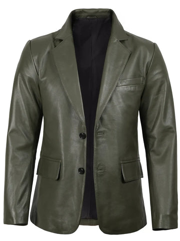 Men’s Green Leather Blazer front view – slim fit, two-button closure