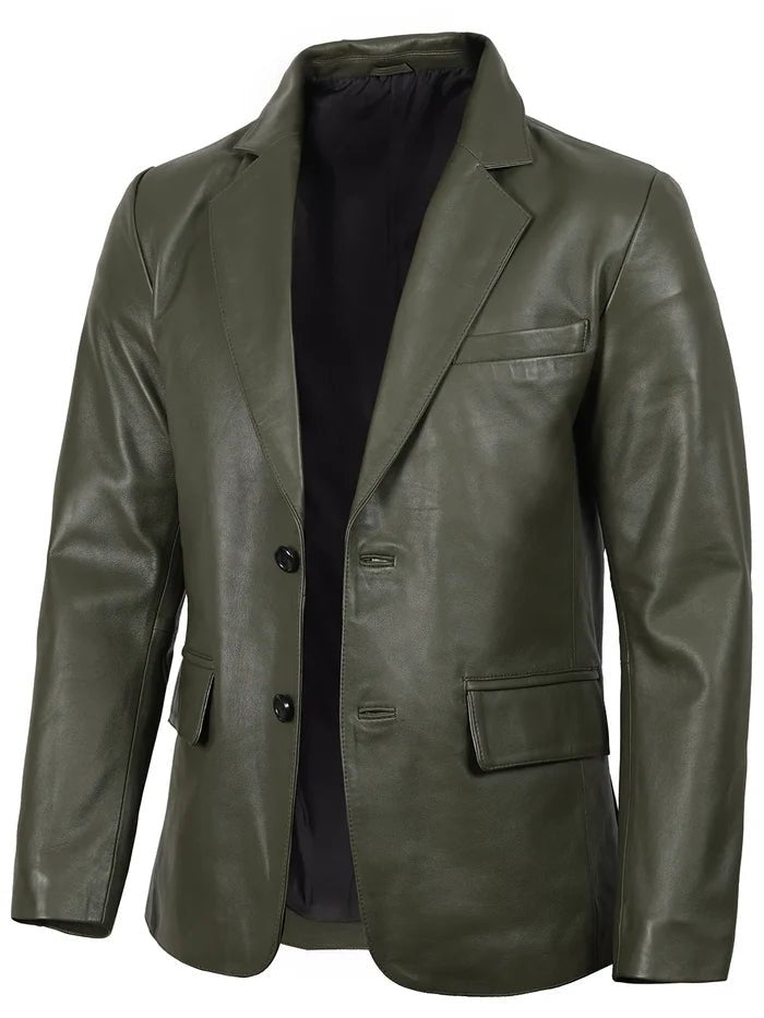 Men’s Green Leather Blazer – Real Slim Fit Two - Button Jacket | Livra Jackets – Genuine Leather Jacket | Livra Jackets