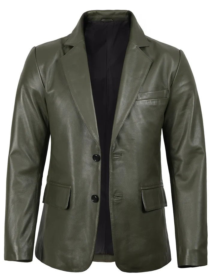 Men’s Green Leather Blazer – Real Slim Fit Two - Button Jacket | Livra Jackets – Genuine Leather Jacket | Livra Jackets