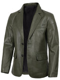 Men’s Green Leather Blazer angled view – flap pockets detail
