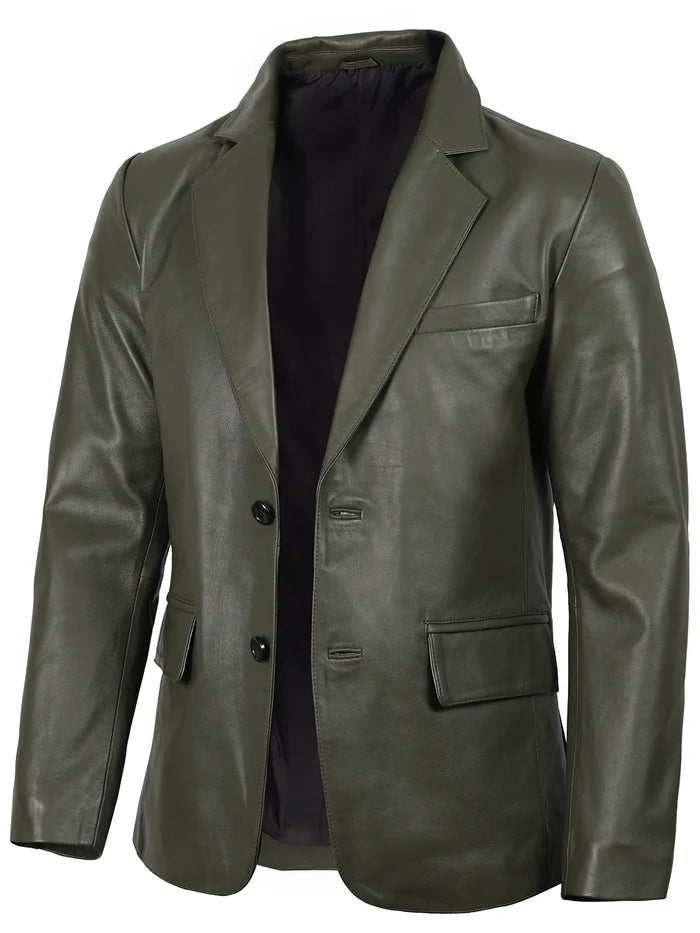 Men’s Green Leather Blazer angled view – flap pockets detail