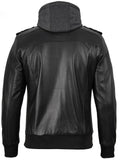 Back view of men’s black hooded leather jacket – Livra Jackets