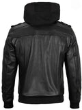 Back view of men’s black hooded leather jacket – Livra Jackets
