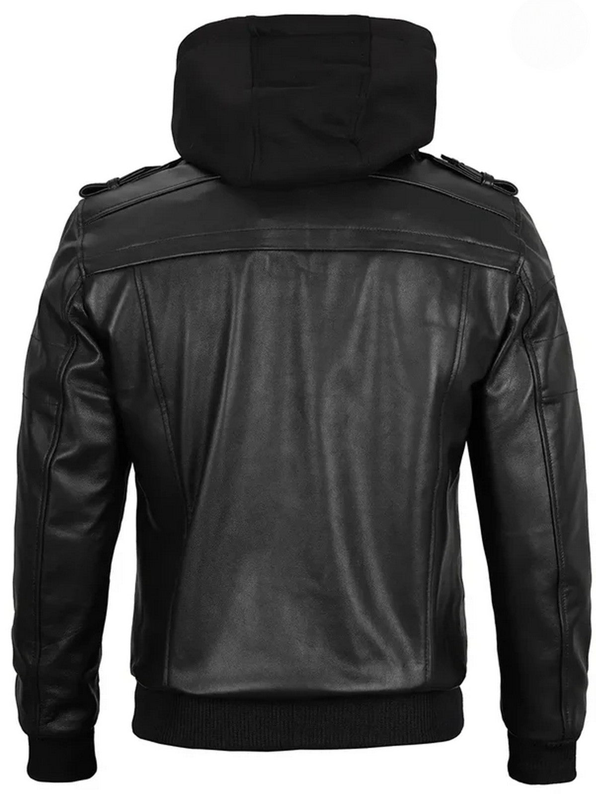 Back view of men’s black hooded leather jacket – Livra Jackets