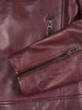 Close-up of zipper and detailing on Men’s Maroon Café Racer Leather Jacket