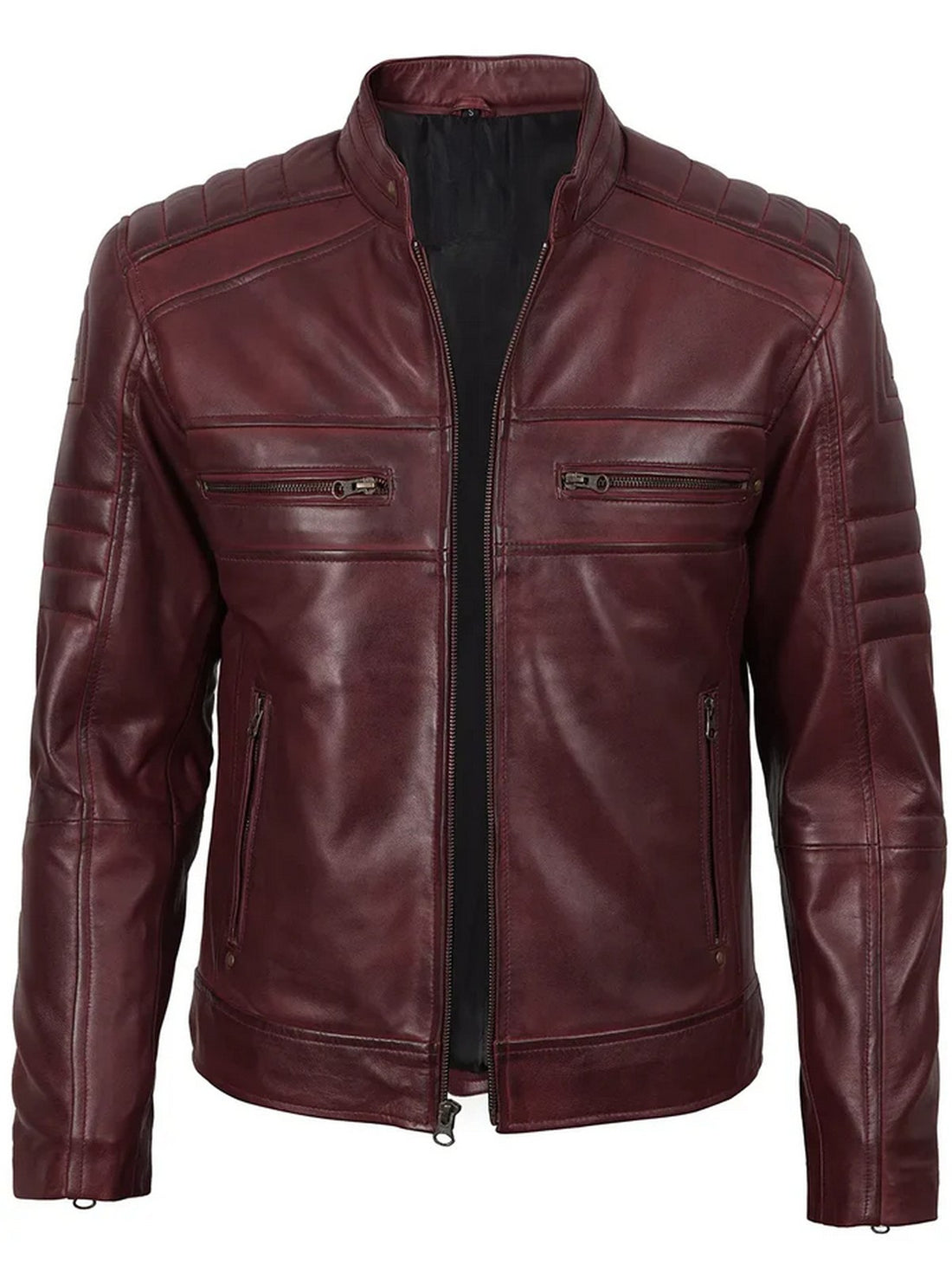 Men’s Maroon Café Racer Leather Jacket Front View – Slim Fit Motorcycle Style