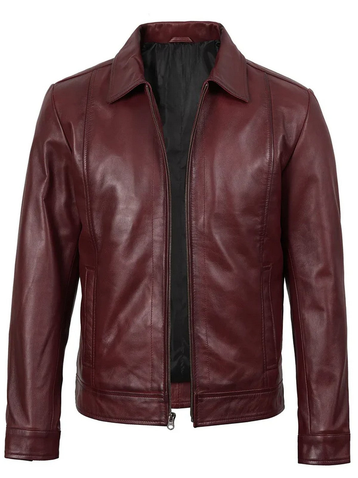 Men’s Maroon Leather Jacket Front View