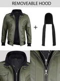  Men’s olive bomber leather jacket with removable hood displayed separately
