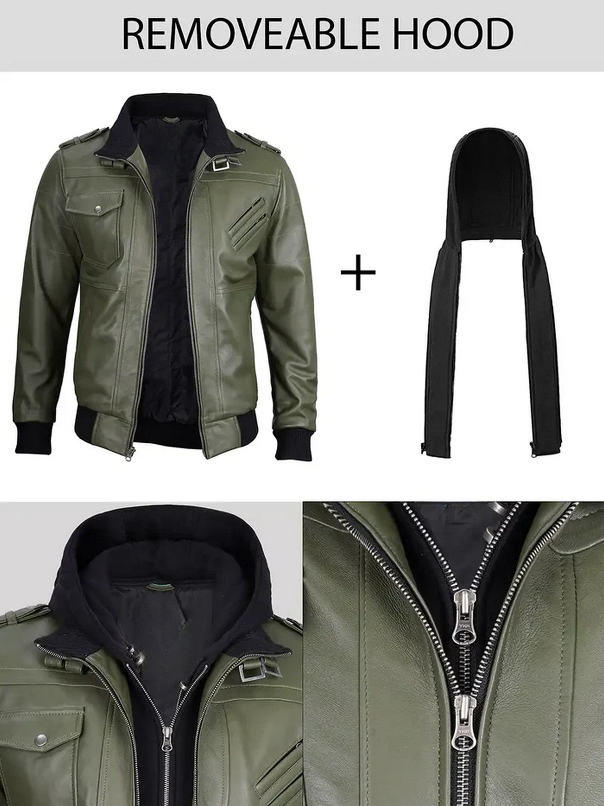  Men’s olive bomber leather jacket with removable hood displayed separately
