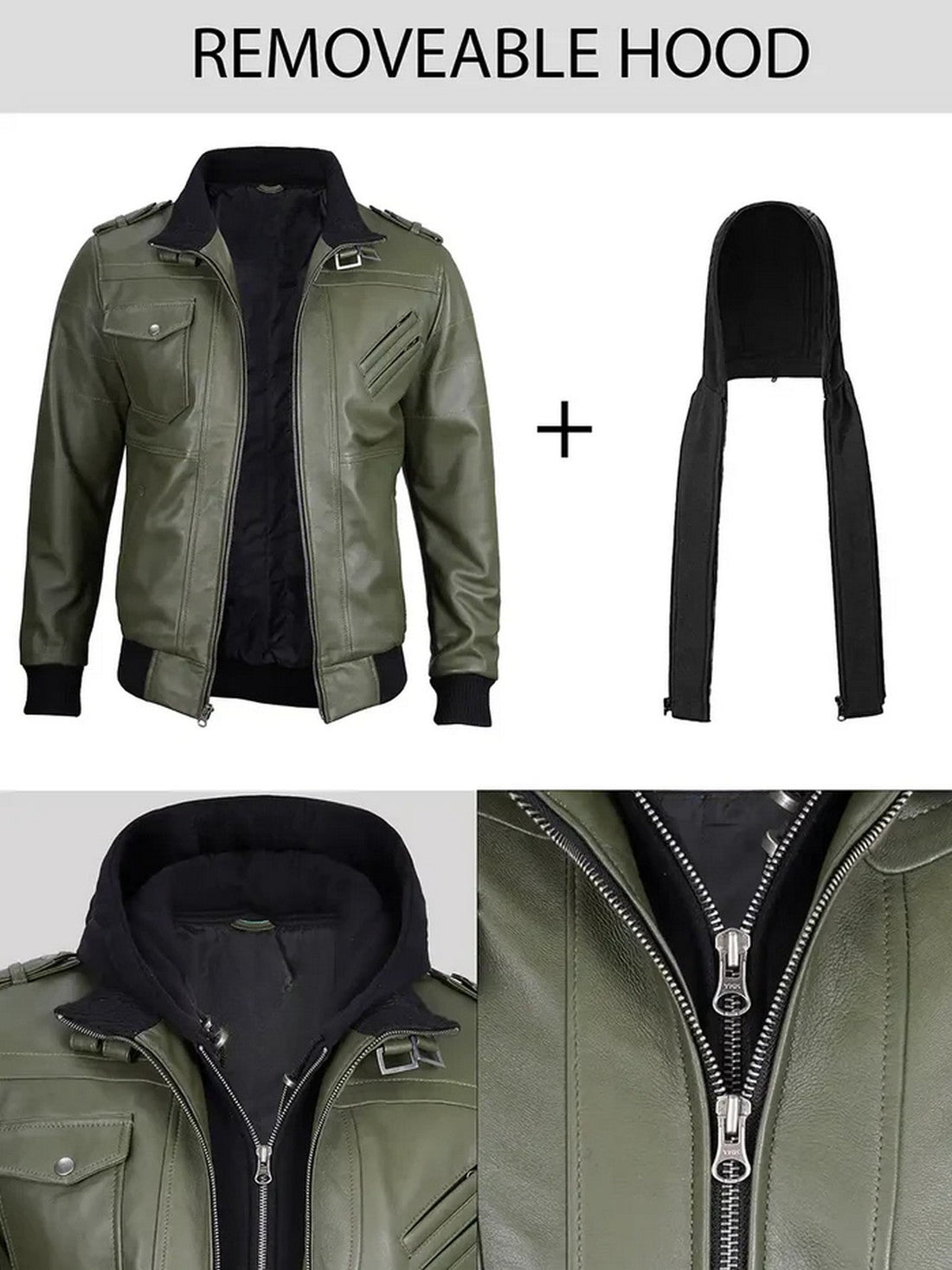 Men’s Olive Green Bomber Leather Jacket with Removable Hood | Livra Jackets – Genuine Leather Jacket | Livra Jackets