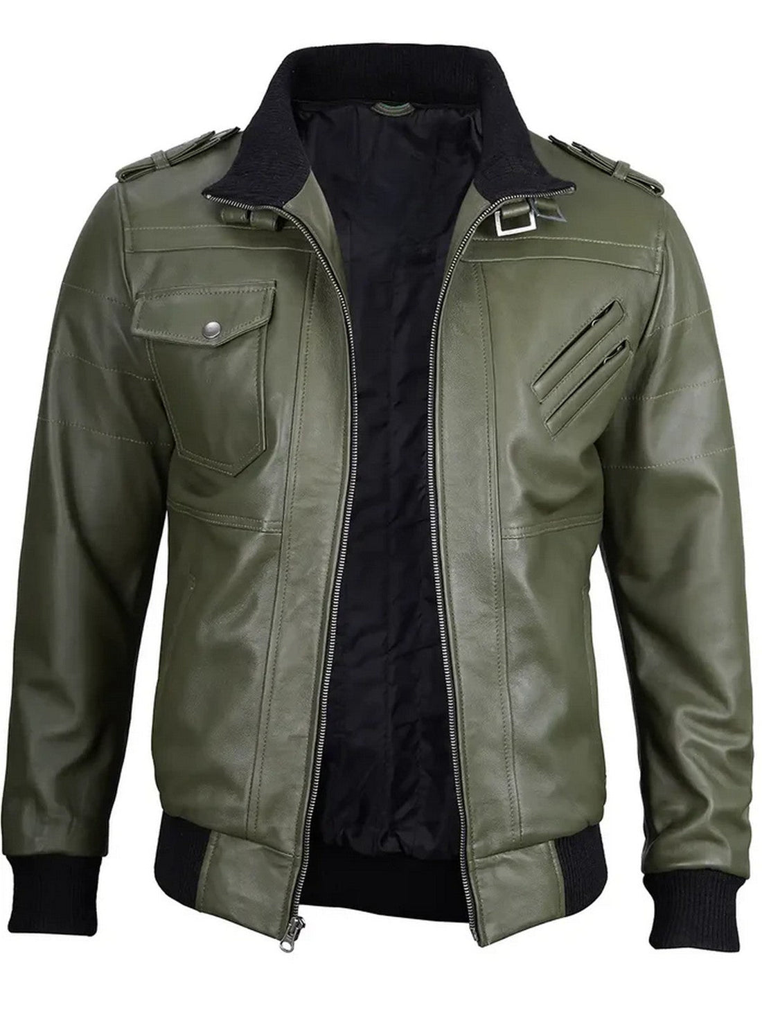 Men’s Olive Green Bomber Leather Jacket with Removable Hood | Livra Jackets – Genuine Leather Jacket | Livra Jackets