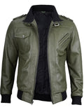 Front view of men’s olive green hooded bomber leather jacket slim fit