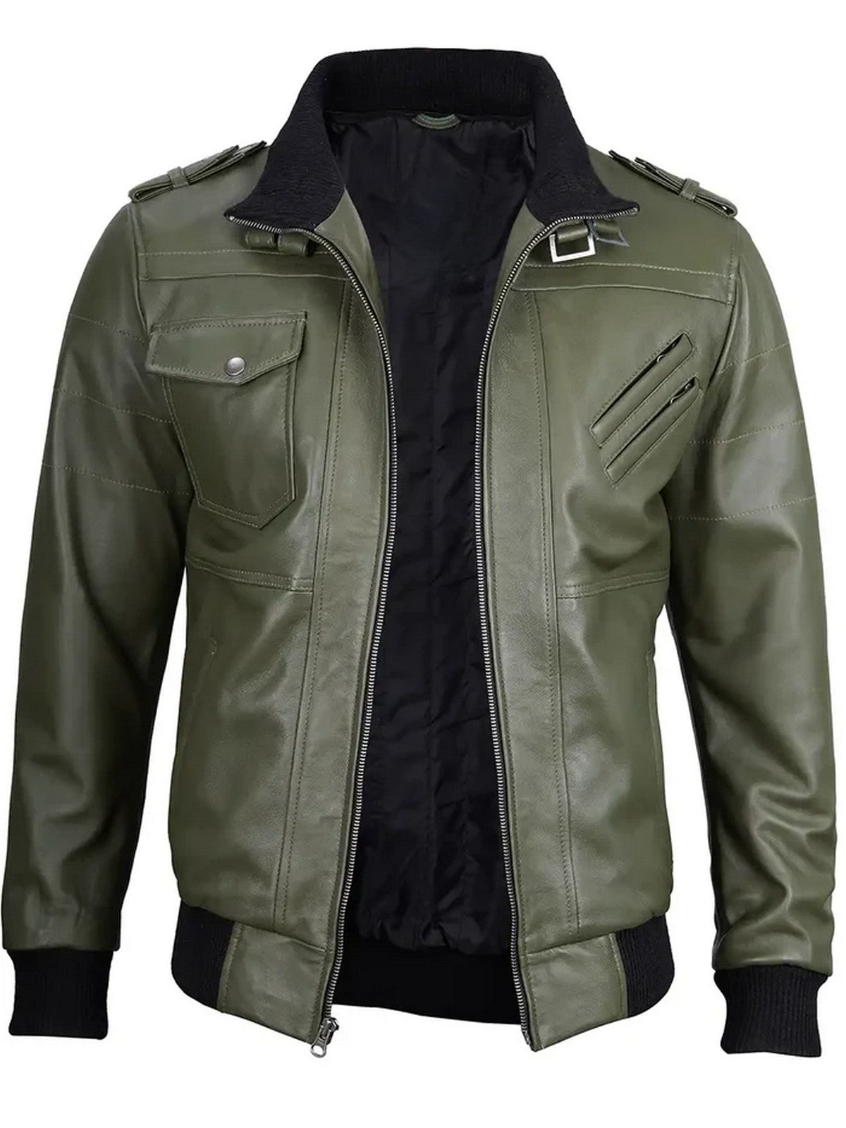 Front view of men’s olive green hooded bomber leather jacket slim fit