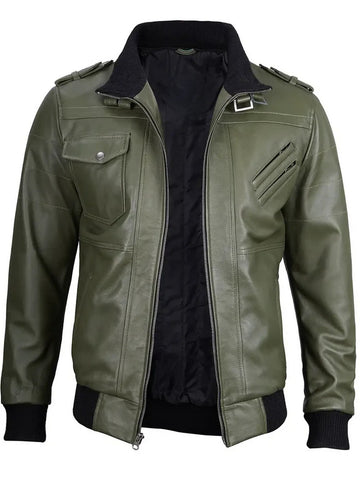 Front view of men’s olive green hooded bomber leather jacket slim fit