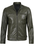 Stylish Olive Green Leather Jacket for Men – Café Racer Design
