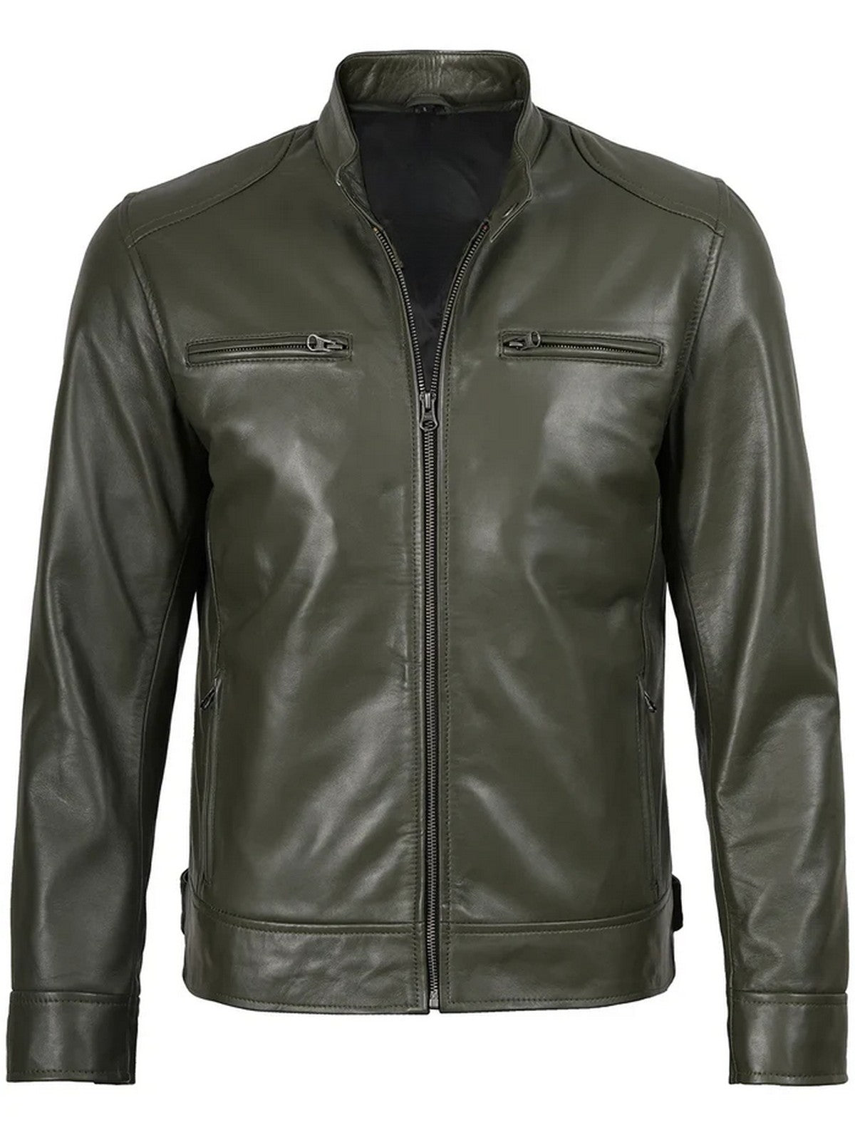 Stylish Olive Green Leather Jacket for Men – Café Racer Design
