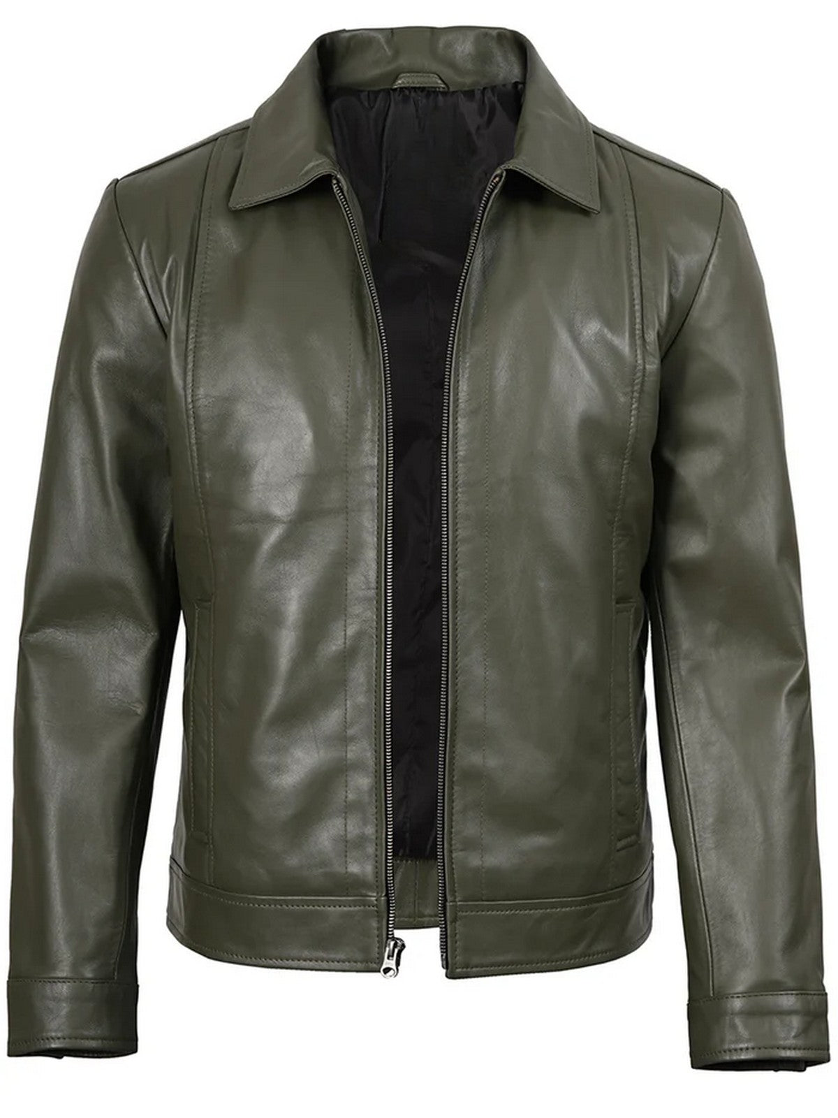 Men’s Olive Green Leather Jacket Front View